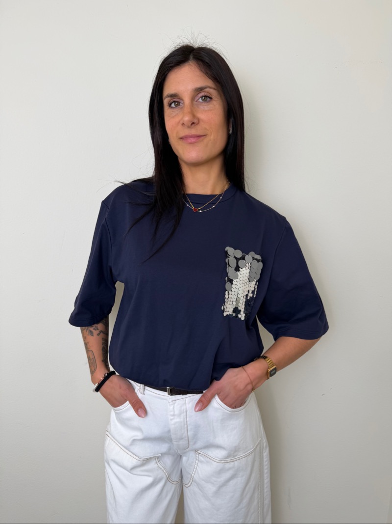 t shirt palloncino tasca paillettes blu motel