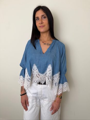 blusa effetto denim misto lino pizzo bianco motel
