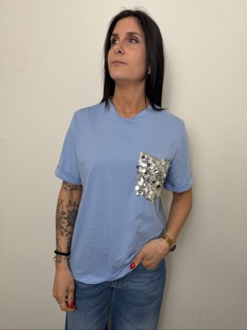 T SHIRT AZZURRA PAILLETTES MOTEL
