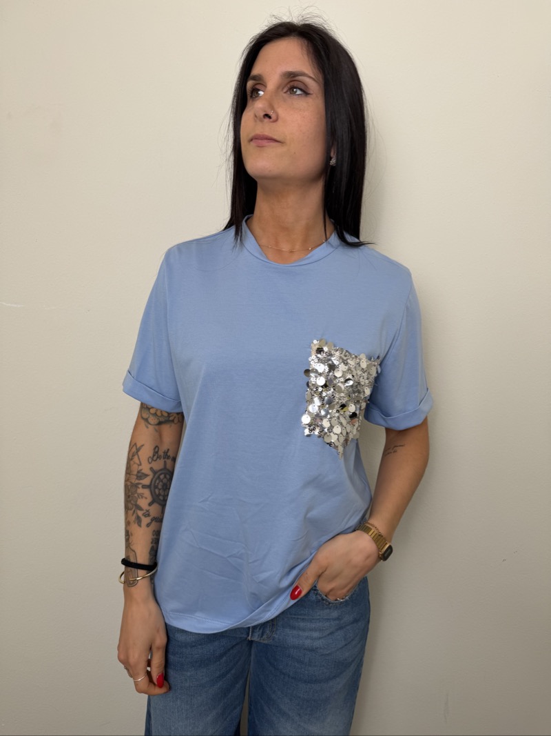 T SHIRT AZZURRA PAILLETTES MOTEL